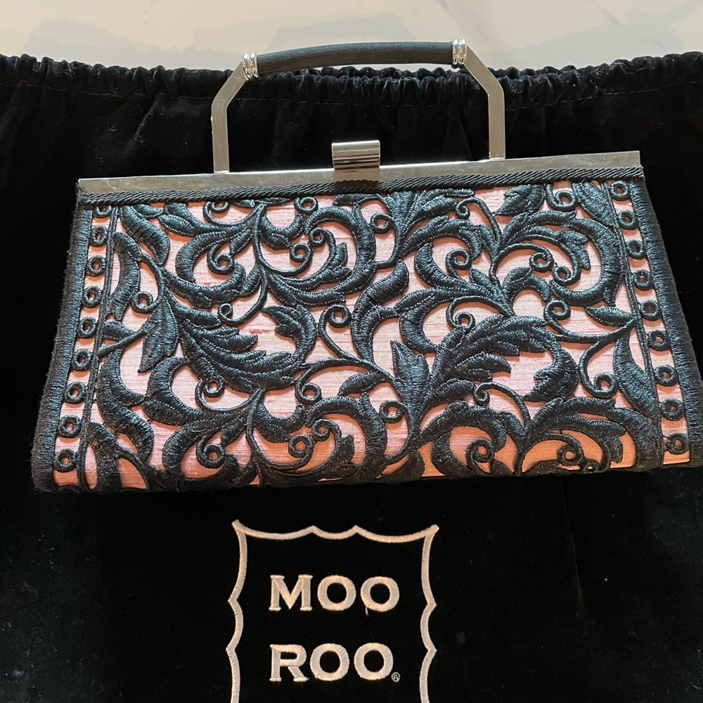Moo Roo black and peach embroidered clutch